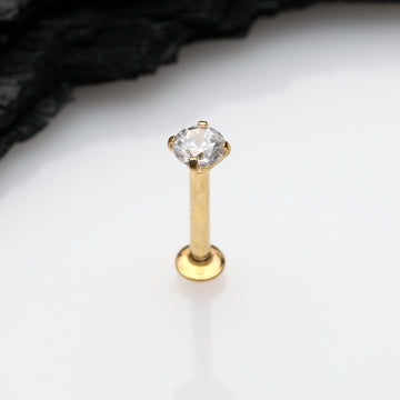 Detail View 1 of Golden Prong Set Gem Top Threadless Push-In Steel Labret-Clear Gem